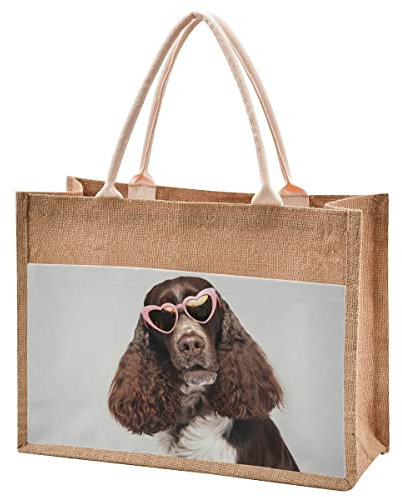 Natürliche Jute-Tragetaschen mit englischem Springer Spaniel, niedliches Hundeherz, Brille mit Baumwollgriffen, wiederverwendbarer Reißverschluss, groß, Einkaufsgeschenk, Lunchtasche, braun, Large