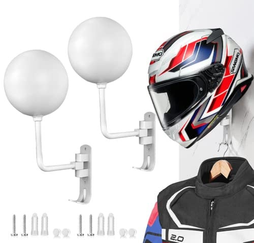 SNAGMO Weiß 180° Motorrad Helmständer, Rotation Metall Helmhalter Wandhalterung, Helmhalter Fahrrad mit 2 Haken Helmaufhänger für Motorrad Fahrrad Mäntel, Mützen, Baseballs, Rugby Helm (2 Stück)