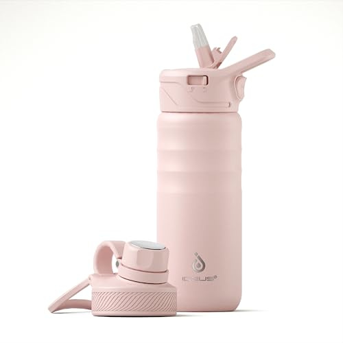 IDEUS Insulated Stainless Steel Water Bottle with 2 Leak-Proof Lids, Thermal Water Flask for Hiking Biking, 18oz, Light Pink
