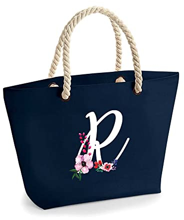 Colorfamily Bolso de playa para mujer grande, bolsa de playa con inicial floral – Elige tu inicial – 100% algodón Canvas, R, Talla única