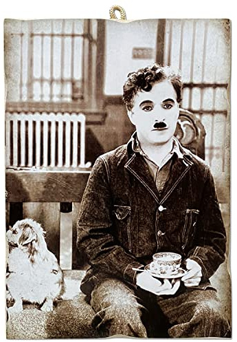 KUSTOM ART Cucuba Bild, Vintage-Stil, Serie Attoren, berühmten Charlie Chaplin, trinkt den Kaffee, Druck auf Holz, 18 x 25 cm.