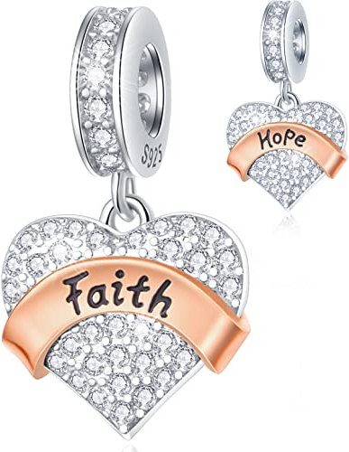Glaube und Hoffnung Dangle Charms, Pave Herz Sparkle Klar CZ Liebe Anhänger Bead in 925 Sterling Silber, passt Pandora Oster Tag Armband, Geschenke für religiöse Gläubige/Weihnachten/Überlebende