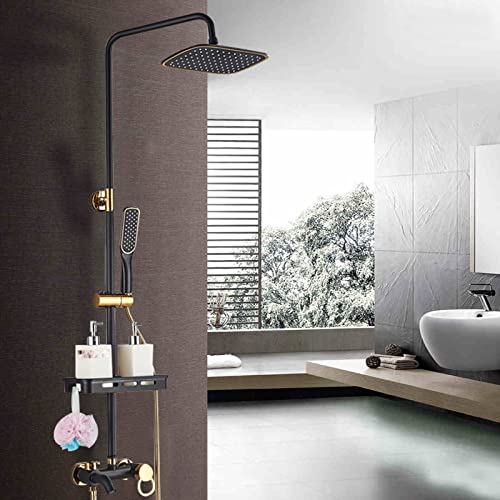 KinHall Messing Duscharmatur, Wandmontage Handbrause Duschset Schwarz Gold Brausegarnitur, mit Regen Handbrause, Regal, Duschsäule, Regenbrause für Badewannen