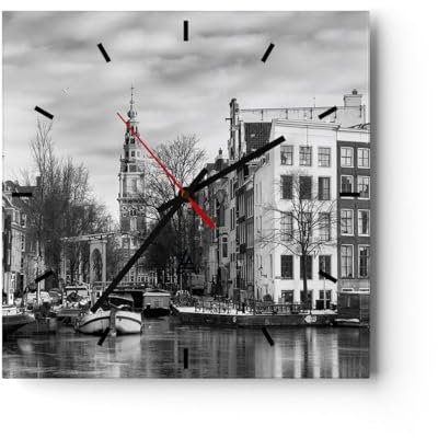 Modern Wanduhr Schwarzweiß Amsterdam Boote 30x30cm Quadrat Klein Wand Uhr Glas Analog Zimmeruhren Küche Büro Wohnzimmer Glasuhr Wall Clock Dekoration Design Wanddekoration Küchenuhr C3AC30x30-4436