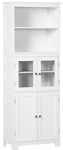 HOMCOM Armoire de Cuisine Buffet Cuisine vaisselier Meuble de Rangement avec 2 niches, 2 placards avec 4 Portes Dont 2 Portes vitrées, étagère réglable - dim. 60I x 30P x 162H cm Blanc