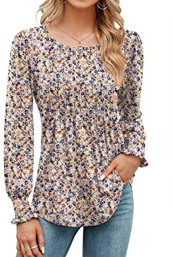 Rapbin Blouses for Women Long Sleeve Tops Pleated Tunic Shirt Spring Autumn Loose Tshirts Casual Ladies O Neck Shirts Pink Print XL