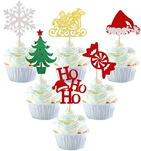 24 Stück Merry Christmas Cupcake Toppers Candy Sleigh Christmas Hat Tree HOHOHO Muffin Dekoration Merry Christmas Theme Happy New Year Holiday Party Kuchen Dekorationen Zubehör