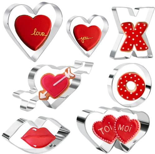Juego de cortadores de galletas de corazón para el día de San Valentín, 7 cortadores de galletas de acero inoxidable para San Valentín, forma de corazón, labios, corazón con flecha, doble corazón, X y