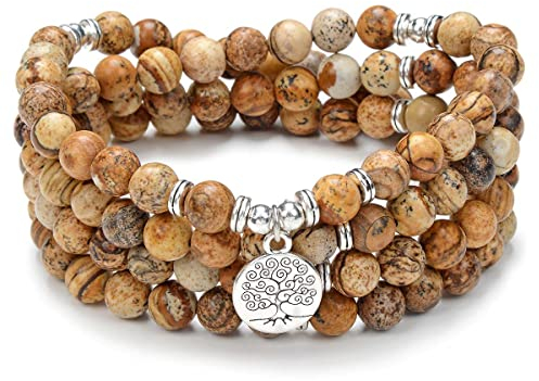 Baum des Lebens Charm 108 Mala Gebetsperlen Armband Heilung Beruhigende Mala Halskette für Yoga Meditationspraxis (Bild Jaspis (Picture Jasper))