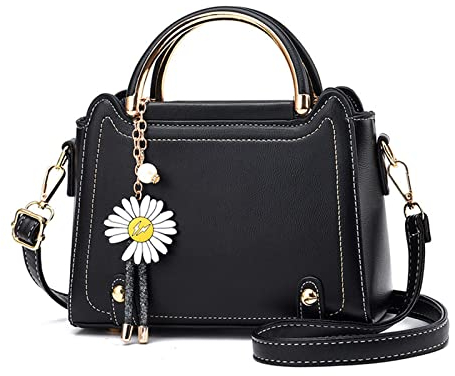 NICOLE & DORIS Handtasche Damen Umhängetasche Klein Schultertaschen PU Leder Satchel Handtasche Mädchen Messenger Crossbody Bag Niedliche Henkeltasche mit Blumen Anhänger Schwarz