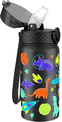 GOPPUS Kids Water Bottle (Straw Lid) - 14 Oz Stainless Steel Travel Bottle, Double Wall Vacuum Leak Proof Kids Cup for School Boys Girls,Space dinosaur
