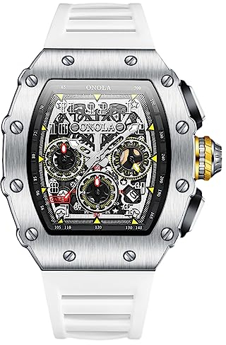 rorios Multifunktional Herrenuhren Sport 50M wasserdichte Uhr Männer Analog Quarz Uhr Tonneau Punk Watch Mode Silikon Armband Uhr Silber Weiss