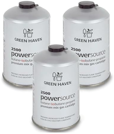 Green Haven Premium 3 Pack C500 Gas Canisters Gas Cartridges for Camping Stoves & More, High Performance Propane-Butane Mix with Resealable Valve Cartridges, EN417 Cartridge