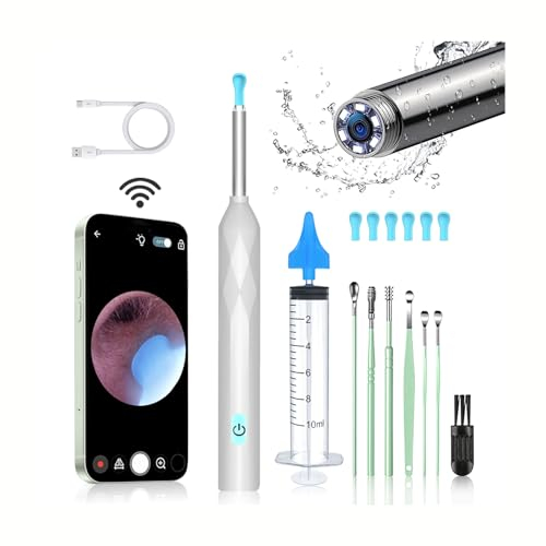 Ohrenschmalz Entferner Ohrreiniger, AMDXD 1440P Wifi Otoskop Kamera 8MP HD Ohr Kamera IP4 Wasserdicht Ohrenspiegel 3.5mm Linse Ohr Endoskop mit 6 LEDs für Erwachsene, Kinder und Haustier, Weiß