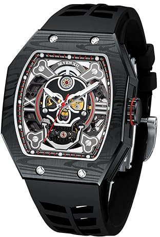 SEVEN XII Automatische Herren Uhren Tonneau Schädel Skelett Zifferblatt 70 Stunden Stromreserve Mechanische Uhren Luminöser wasserdichte Saphirspiegel Mode Luxus Uhr S001(Schwarz Edelstahllünette)