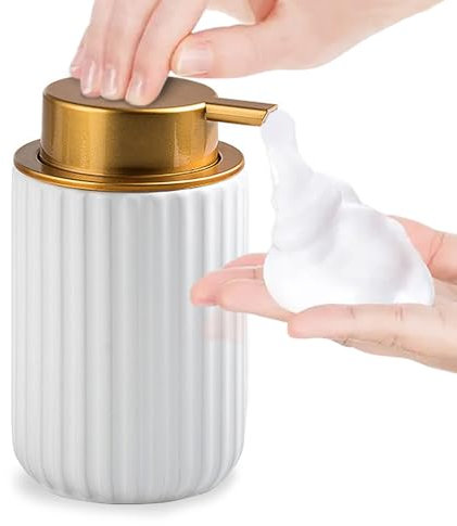 Dispenser di sapone decorativo in schiuma, dispenser per lozioni in ceramica per bagno, design a strisce verticali con pompa dorata (bianco)