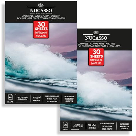 NUCASSO Watercolour Paper Pad - Pack of 2 - A5 x 30 Sheets – Natural White 300 GSM Student Grade, Cold-Pressed, Glue Bound Water Colour Sketchbook for Wet, Dry & Mixed Media (30 Sheets x 2 Packs)
