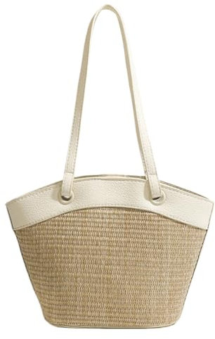 LYEAA Sac fourre-tout en paille tissé vintage fait à la main pour femme - Grande capacité - Patchwork - Pour fête et vacances, blanc, 190.00x120.00x70.00mm/7.48x4.72x2.76inch