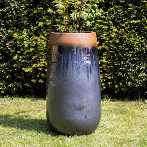 Primrose H75cm Terracotta Tall Round Planter In Grey Blue Garden Patio Flower Pot
