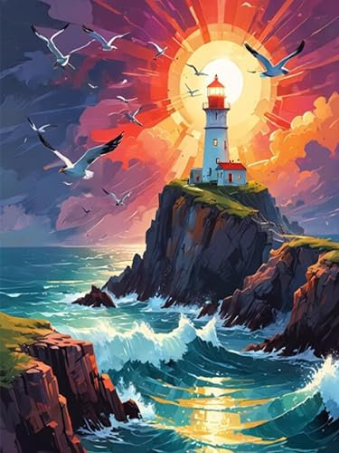 Gemartmall Malen Nach Zahlenn Leuchtturm, Malen Nach Zahlen für Erwachsene Leuchtturm, Ölgemälde für Geschenke und Home Wand Dekor(30x40 cm)