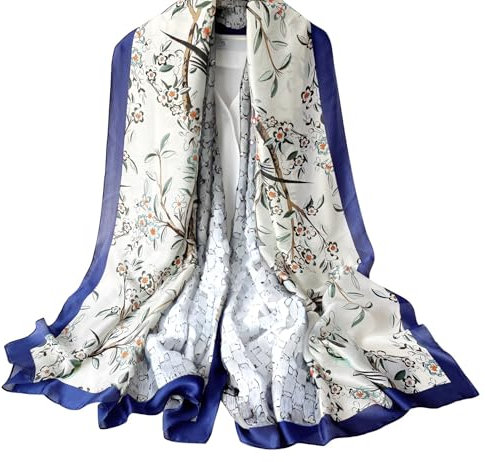WEIGEER Silk Scarf Women Chiffon Shawl Stain Neckerchief Long Head Wrap Lightweight Scarf Ladies Hijab Belt Vintage Bridal Shawl Chiffon Scarf Muslim Cloth floral Christmas Scarf (Blue-stitching)