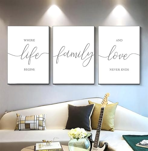 AdoDecor Bilder 3er Set, Bilder Wohnzimmer, Bild auf Leinwand, Schwarz-weiße englische Phrasen Wandbilder Schlafzimmer, Life, Family, Love Badezimmer Boho Deko(Ungerahmt)