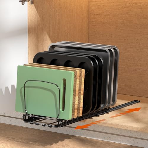 Housolution Pull out Baking Tray Storage Rack, Slide Out Chopping Board Holder Rack with 10 Adjustable Dividers, Sliding Cutting Board Muffin Tin Cupcake Tray Organiser Rack, Black