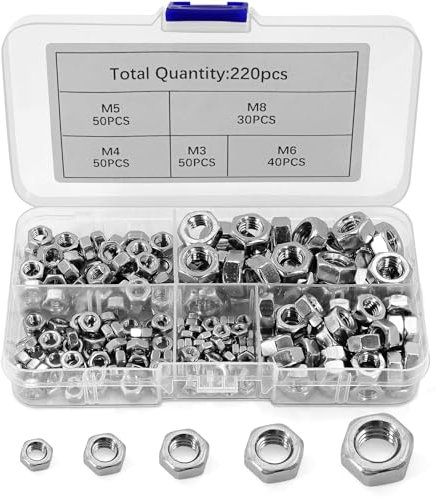 220 Stück Sechskantmuttern Sortiment Set, M3 M4 M5 M6 M8 Sechskantmuttern, Muttern Sortiment 304 Edelstahl, Sechskant Muttern Set, Kontermuttern für Schrauben und Gewindestangen