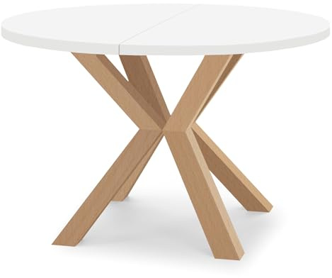 Dekori Möbel Runder Ausziehbarer Tisch für Esszimmer RAL mit Holzbeinen, Skandinavischer Stil, Durchmesser Varianten von : 90 bis 220 cm (Weiß/Buche Natur, 100/150 cm)