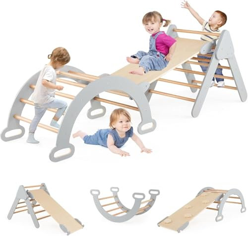 FANTASK 4 in 1 Klettergerüst mit rutsche, Kletterdreieck Holz inkl. doppelseitige Rampe & Kletterbogen, zum Klettern, Rutschen und Wippen, Sprossendreieck Spielplatz für Kinder ab 1 Jahr in grau