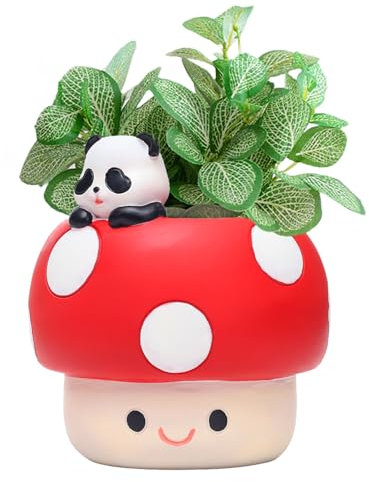 Joalpysm Smiley Face Mushroom Face Planter Pot, 3.5 Inch Fungi Fun Panda Plant Pot, Decorative Flower Pot, Indoor/Outdoor, Red, S Size