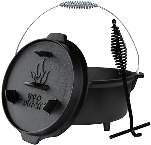Dutch Oven Set Gusseisen 1,8L-13,6L – Feuertopf mit Deckelheber, Schmortopf mit & ohne Füße, Schlitz für Themormeter, inkl. Kochbuch – Perfekt für BBQ Indoor & Outdoor (mit Füße, 5,5L - F2)