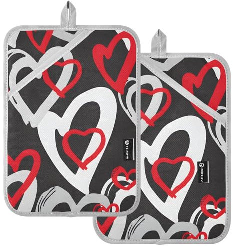 Set di 2 presine a forma di cuore moderno nero resistenti al calore, guanti da forno personalizzati per la decorazione del bancone della cucina