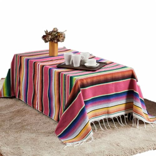 Mexikanische Tischdecke mit Quasten, 150x200cm Mexikanische Tisch Decke | Mexikanischer Stil Gestreift Decke, Bunte Baumwolle Picknick Decke für Mexikanische Party Hochzeits Dekorationen (Rosenrot)