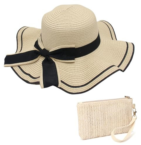 Marjoramy Womens Sun Straw Hat and Straw Clutch Bag, Foldable Floppy Wide Brim Hat and Purse Straw, Summer Beach Straws Hats and Mini Purse Set for Holiday Outdoor Travel Beige