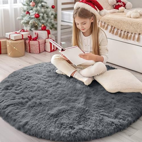 Homaxy Hochflor Waschbar Groß Teppich Wohnzimmer 160 cm Rund, Dunkelgrau | Anti-Rutsch Unterseite Teppiche, Flauschig Teppich fürs Kinderzimmer, Schlafzimmer