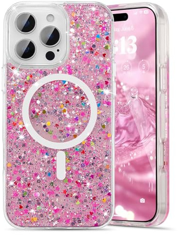 UEEBAI Glitter Case Magnetic for iPhone 15 Pro Max, Luxury Shiny Bling Sparkly Phone Case, Wireless Charge Crystal Diamonds Shiny Cover for Women - Hot Pink