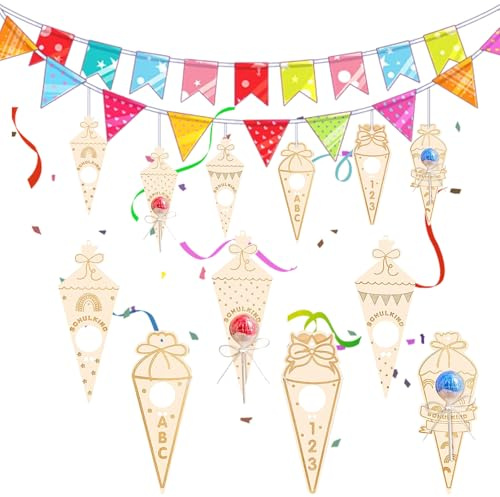 Vlecexs 12 Stück DIY Schultüte Konfetti Zuckertüten Holz Tisch Set Geschenkband Kinder 3 4 5 6 Jahre Einschulung Junge Mädchen Weihnachtsdeko Kindergarten Schulanfang Schuleinführung Deko Schulkind