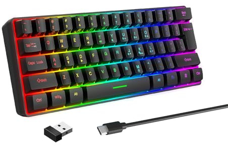 Goshyda Clavier sans fil, clavier ergonomique pour ordinateur 2.4G, clavier de jeu rétro-éclairé RVB à 61 touches avec récepteur USB, pour PC, ordinateur portable, bureau