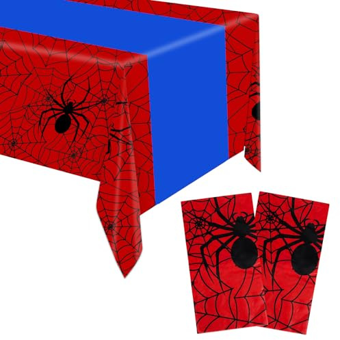 SAVITA 2pcs Spider Tablecloths, 9x4.49 ft Spider Birthday Tablecloth Waterproof Red and Blue Table Covers Party Decorations Supplies for Man and Women Birthday