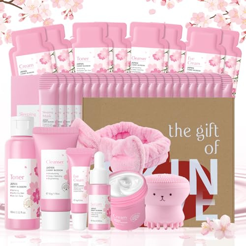 BeauBase Sakura Gesichtspflege Set Feuchtigkeit Hautpflege Sets 13-tlg, mit Gesichtsreinigung,Augencreme, Serum, Gesichtscreme, Lippenbalsam, Mask, für Tagespflege und Nachtpflege Skincare