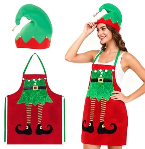 Hpbaggy Weihnachtsschürzen,Weihnachten Schürze mit Weihnachtsmütze Cartoon | Deko Schürze mit Merry Christmas und Weihnachtsmustern, Weihnachtsschürzen für Koch und Bäcker zum Weihnachten Heiligabend