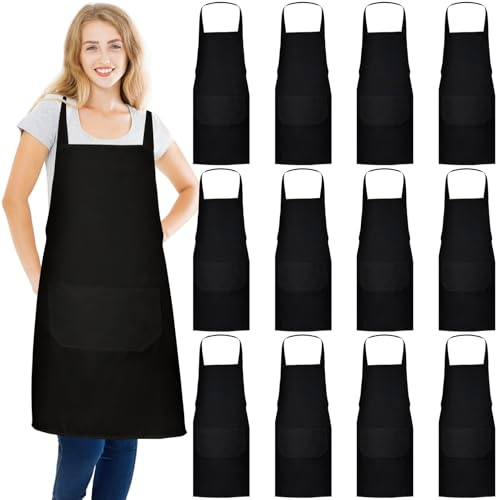 Loppdece 12Stück Kochschürze Schwarze, Verstellbare Küchenschürzen, 60x70cm | mit 2 Taschen, Unisex Schürze, Ideal, for Herren Damen Kochen Backen Grillen Küche Restaurant