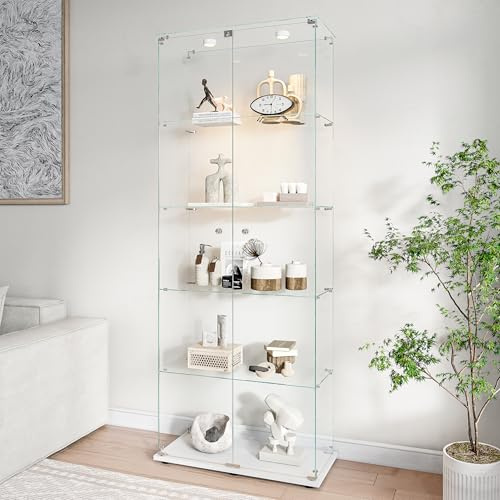 Liuyoyo Glasvitrinskåp, stående glasvitrinskåp, 5 lager glas, vitrinskåp, 2 dörrar och monter med lås, glasskåp för vardagsrum, kontor, sovrum, samlarobjekt, 2 dörrar 5 lager, vit A