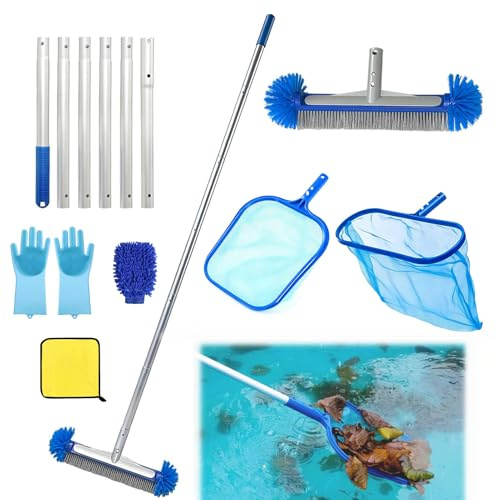 ChunDA Pool Reinigungsset, Pool Kescher mit Teleskopstange 230cm Lang, Pool Zubehör Set mit Poolbürste, Pool Kescher Netz, Reinigungstuch, Silikonhandschuhe, Plüschhandschuh (Farbe zufällig)