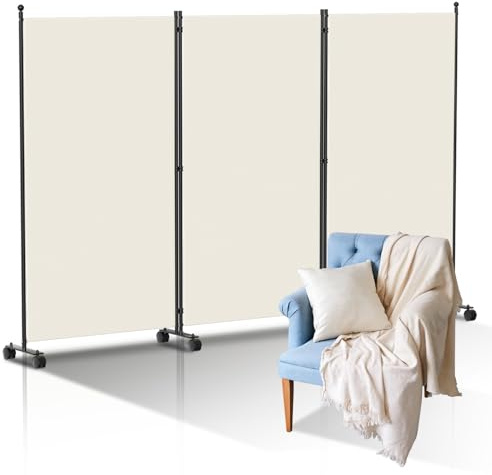 Ollewiellan Paravent Raumteiler Innen, Paravent Faltbar 3-Teilig 263x181x30cm,Sichtschutzwand für Schlafzimmer,Trennwand Sichtschutz aus Polyesterfaser,Trennwand Raumteiler auf Rollen（Beige）