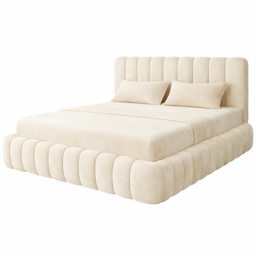 Teddy Plush Velvet Ottoman Storage Bed Frame with Gas Lift, Upholstered Panel Headboard, Small Double Double King Super King (Cream Plush, 4FT6 Double with gas lift storage)