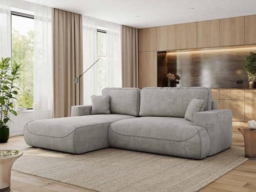 MKS MEBLE Ecksofa Wohnlandschaft L-Form mit Schlaffunktion und Bettwäscheschrank, Schlafsofa mit Bettkasten, modernes Sofa OVO L - Links - Hellgrau Strukture