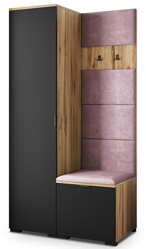 Masseno Flugarderoben Set Lori, Kleiderschrank-Set mit Sitzbank, Garderobenschrank Flur mit 3 Regalböden, Eiche Wotan/Schwarz