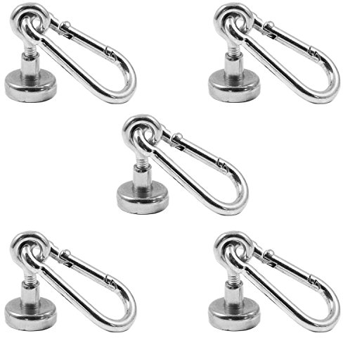 Magnetastico® | 5 Stück Neodym N35 Ösenmagnete mit Karabiner 16 mm Ø | Haltekraft 5.5 Kilogramm | Starke Neodym Karabinerhaken-Topfmagnete mit Öse bzw. Ringschraube verzinkt